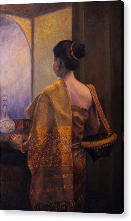Lao Beauty Acrylic Print featuring the painting The Golden Shawl by Sompaseuth Chounlamany