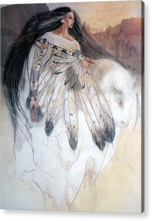 White Buffalo Acrylic Print featuring the painting White Buffalo Calf Woman by Pamela Mccabe