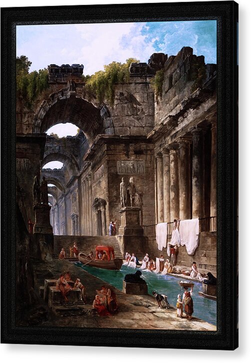 Ruins Of A Roman Bath With Washerwomen Acrylic Print featuring the painting Ruins Of A Roman Bath With Washerwomen by Hubert Robert Remastered Xzendor7 Reproductions by Xzendor7