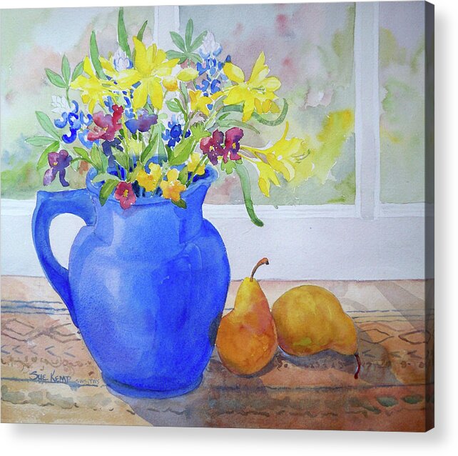 Still Life Acrylic Print featuring the painting Blue Pitcher With Pears by Sue Kemp