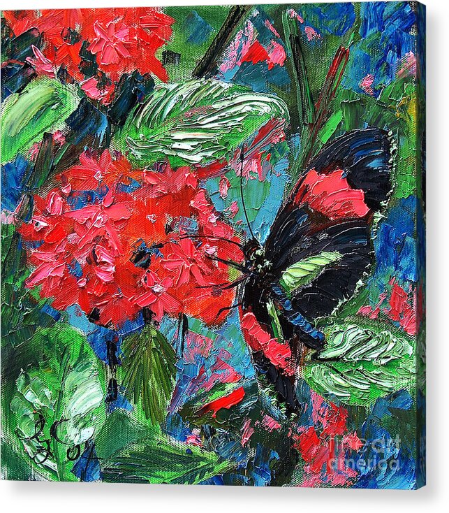 Butterflies Acrylic Print featuring the painting Black Tropical Butterfly on Red Flowers by Ginette Callaway
