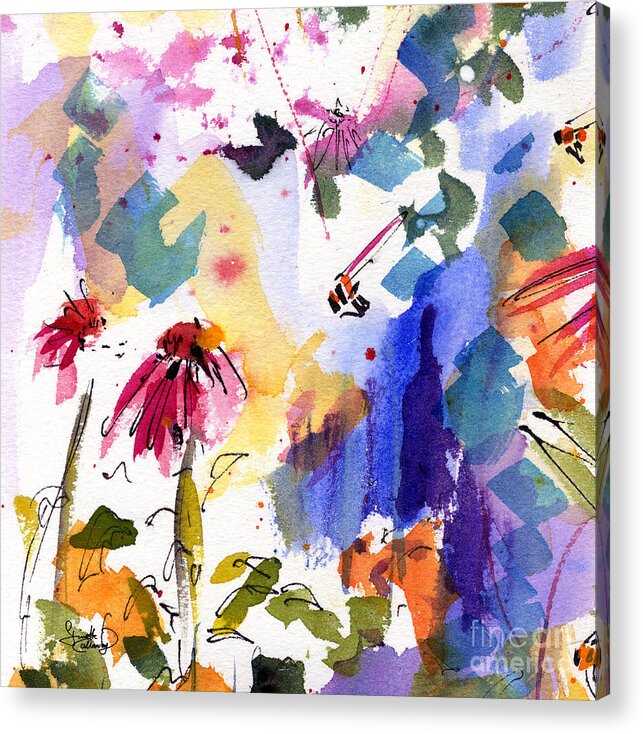 Abstract Acrylic Print featuring the painting Expressive Watercolor Flowers and Bees by Ginette Callaway