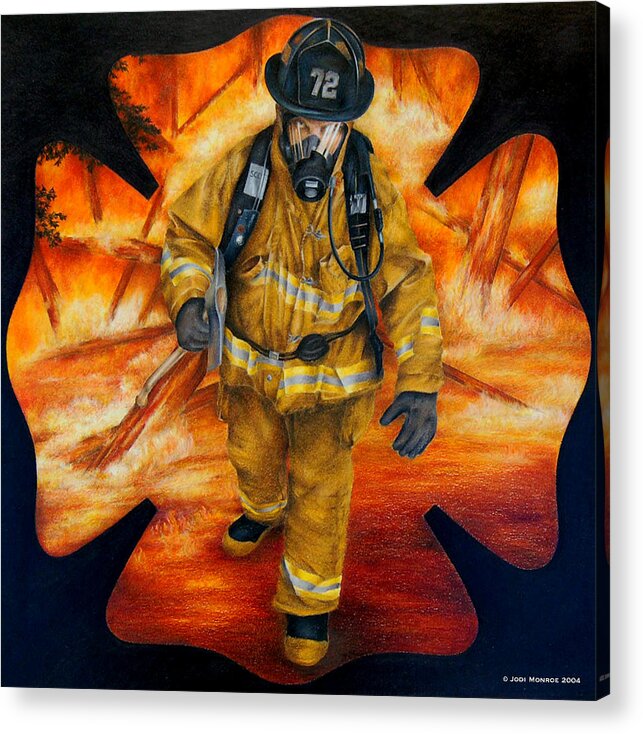 Firefighter Acrylic Print featuring the drawing Walking Out by Jodi Monroe