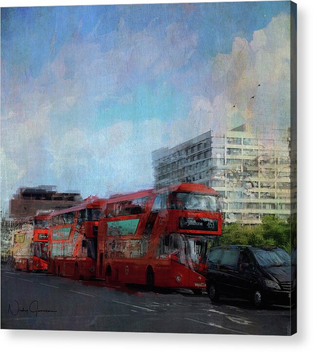 London Acrylic Print featuring the digital art Buses on Westminster Bridge by Nicky Jameson
