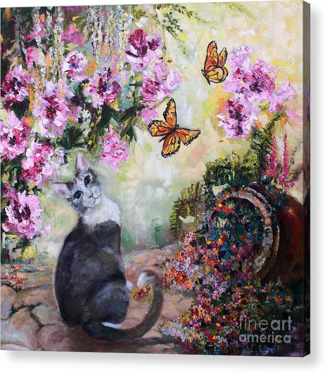 Cats Acrylic Print featuring the painting Cat and Butterflies in Cottage Garden by Ginette Callaway