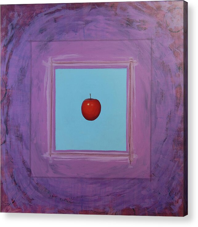 Floating Acrylic Print featuring the painting Red Apple Icon on Blue and Purple Square by Tim Murphy