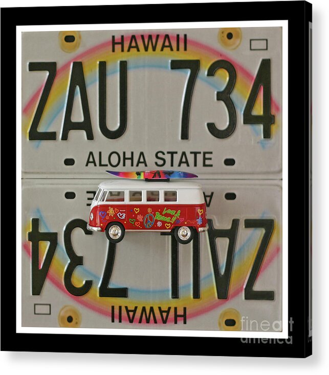 Hawaii License Plates Acrylic Print featuring the mixed media VW Bus and Hawaii Rainbow Print - Recycled Hawaii License Plates Art by Steven Shaver