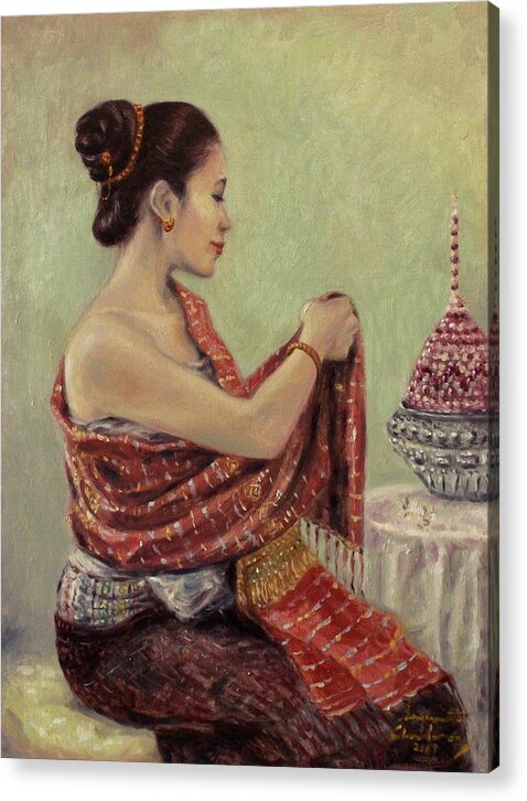 Lao Woman Acrylic Print featuring the painting Getting Ready by Sompaseuth Chounlamany