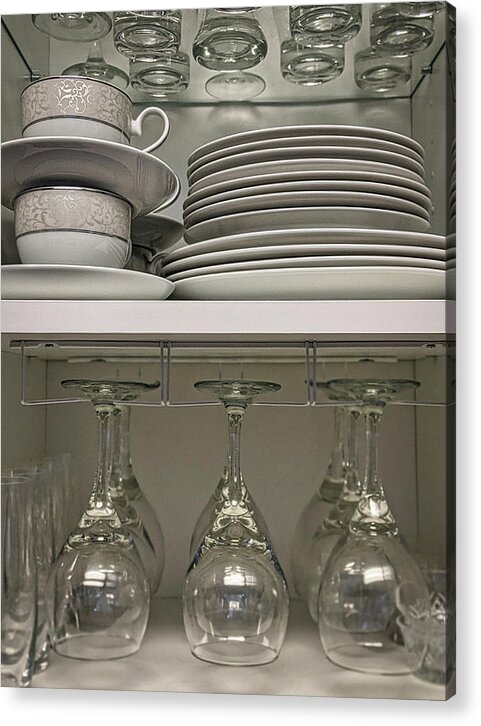 Table Acrylic Print featuring the photograph Cupboard - wine glasses and plates by Portia Olaughlin