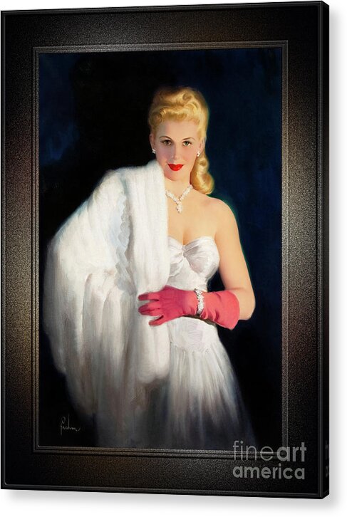 Blonde Acrylic Print featuring the painting White Mink and Diamonds by Art Frahm Sophisticated Pin-Up Girl Vintage Artwork by Rolando Burbon
