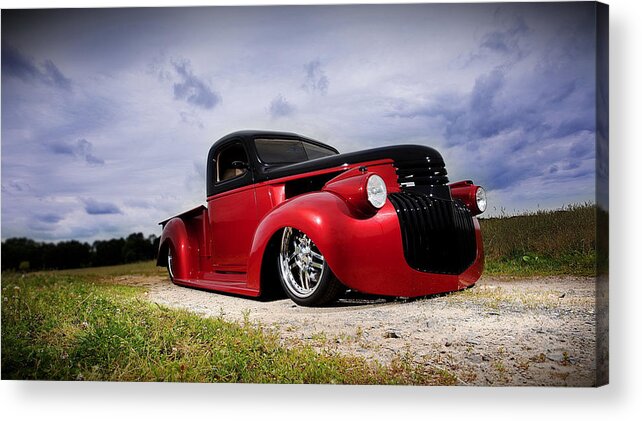 #american #muscle #car #pony #usa #motor #kustom #hotrod #hot #rod #v8 #v6 #sport #vehicle #canvas #print #acrylic #poster #cool #chevy #pick #up #low #chevrolet #metallic #red #forties #pickup Acrylic Print featuring the photograph 48' Chevy Pickup Hot Rod by Scott Cummings