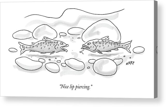 Fashion Fish Talking Problems

(one Fish Talking To Another With A Fish Hook In His Lip.) 120298 Kwa Kim Warp Acrylic Print featuring the drawing Nice Lip Piercing by Kim Warp