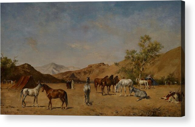 Arabian; Arabia; Middle East; Middle Eastern; Landscape; Desert; Horses; Horse; Mountains; Mountainous; Arid; Wilderness; Camp; Encampment; Travel; Travellers; Tent; Tents; Journey Acrylic Print featuring the painting An Arabian Camp by Eugene Fromentin