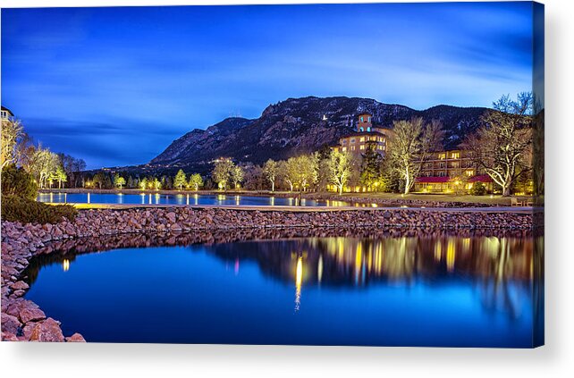 Walkway Acrylic Print featuring the photograph Broadmoor Lake at Night by David Soldano