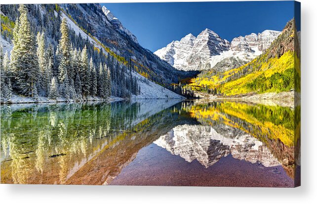 Maroon Bells Colorado Acrylic Print featuring the photograph First Snow Maroon Bells by OLena Art