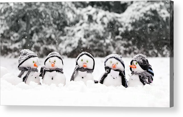 Snowmen Acrylic Print featuring the photograph Little snowmen in a group by Simon Bratt
