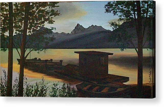 Boats Mountain Peaks Morning Sun Rays Acrylic Print featuring the painting Morning at Lake McDonald Glacier Park by Frank Hunter