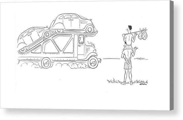 111322 Ala Alain One Hitchhiker On Shoulders Of Another Try To Get A Ride With A Passing Auto Transfer Truck Acrylic Print featuring the drawing New Yorker August 2nd, 1941 by Alain