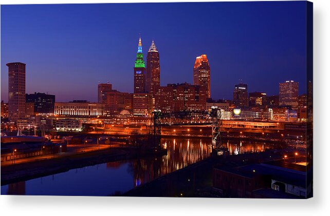 Cleveland Acrylic Print featuring the photograph Night Cleveland Skyline from the South by Clint Buhler
