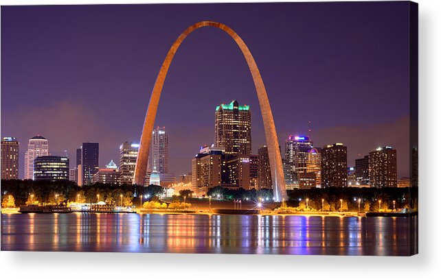 St. Louis Skyline Acrylic Print featuring the photograph St. Louis Skyline at Night Gateway Arch Color Panorama Missouri by Jon Holiday
