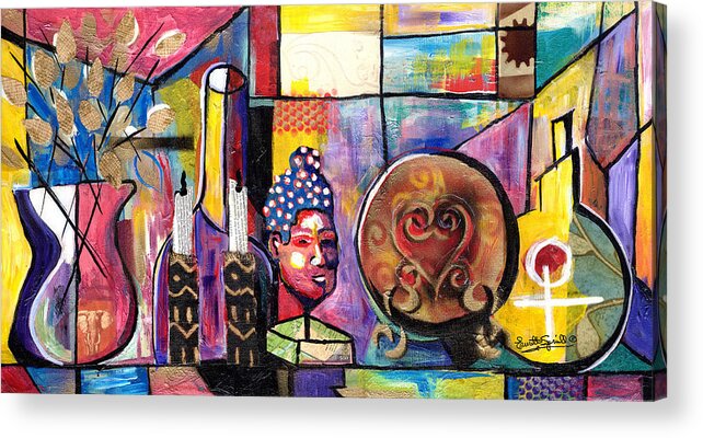 African Mask Acrylic Print featuring the painting Still Life / Carols Mantel by Everett Spruill