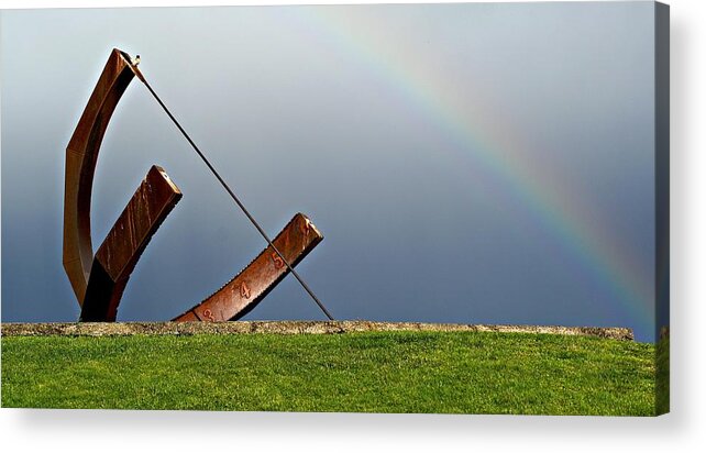 Chinese Gardens Sun Dial Clock Time Piece Park Recreation Area Between Thunder Storms Rainbow Colors Grass Green Dark Sky Clouds Stormy Peaceful Waterfront Tacoma Wa Washington Schuster Parkway Prkwy Way Ruston Way Old Town Commencement Bay Rust Rsutic Rob Green Art Canon Eos 7d Acrylic Print featuring the photograph Time Between Storms by Rob Green