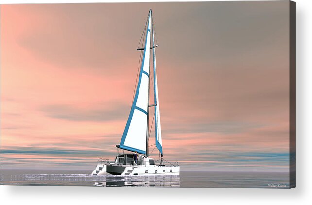 Boat Acrylic Print featuring the painting Catsailing Sunset by Walter Colvin