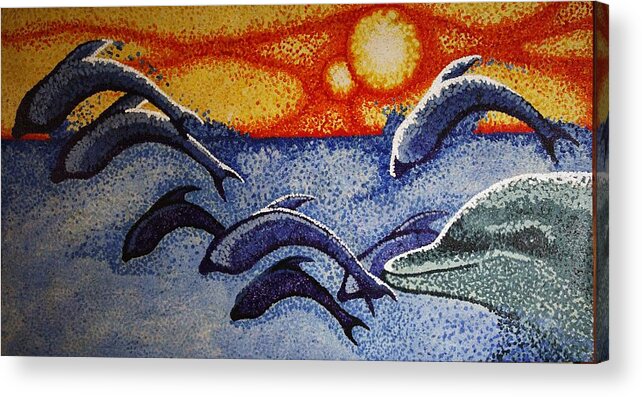 Pointalism Acrylic Print featuring the painting Dolphins in the sun by Paul Amaranto