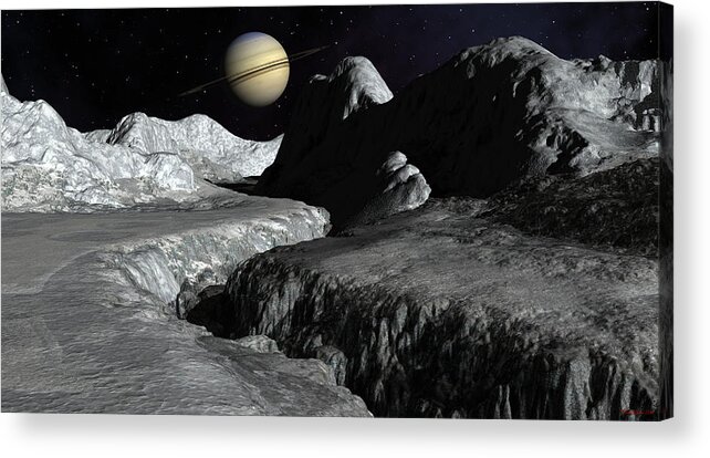 Solar System Acrylic Print featuring the digital art Saturn from the surface of Enceladus by David Robinson