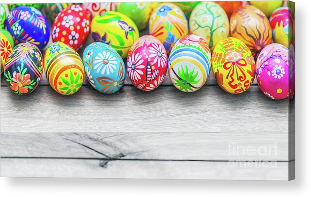 Easter Acrylic Print featuring the photograph Easter handmade eggs on wooden table. #1 by Michal Bednarek