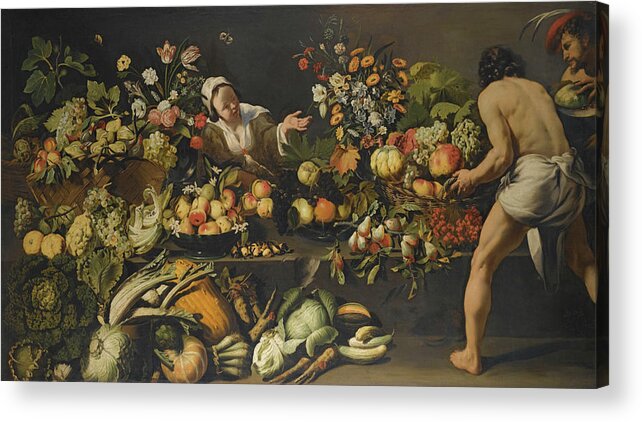 Italo - Flemish School Acrylic Print featuring the painting Vegetables And Flowers Arranged by MotionAge Designs