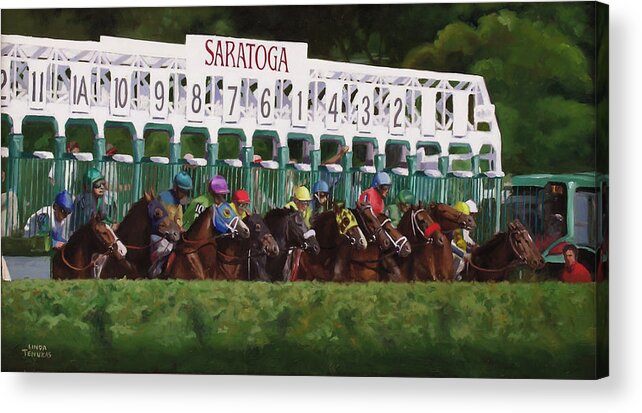Horses Acrylic Print featuring the painting And Theyre Off by Linda Tenukas