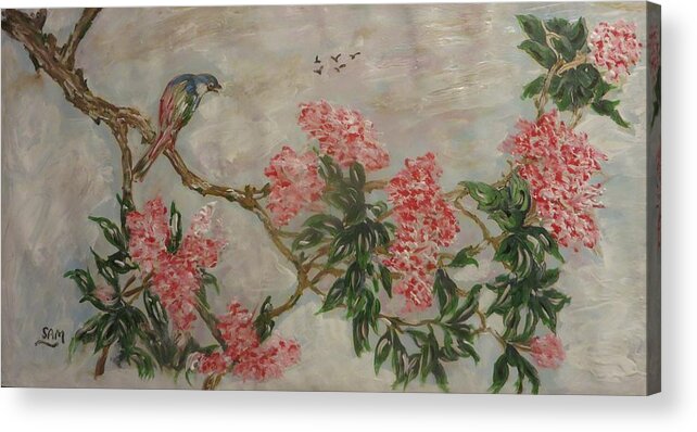 Tree Acrylic Print featuring the painting Birds on an exotic tree by Sam Shaker