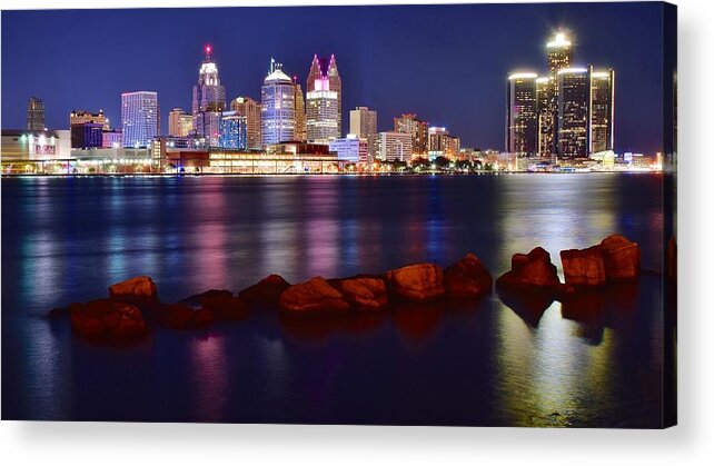 Detroit Acrylic Print featuring the photograph Bright Lights in Detroit by Frozen in Time Fine Art Photography