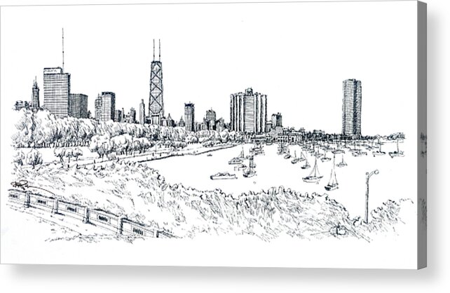 Chicago Lake Front View Of Downtown Looking North Acrylic Print featuring the drawing Chicago Lake Front by Robert Birkenes
