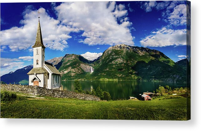Church Acrylic Print featuring the photograph Church and Waterfall by Dmytro Korol