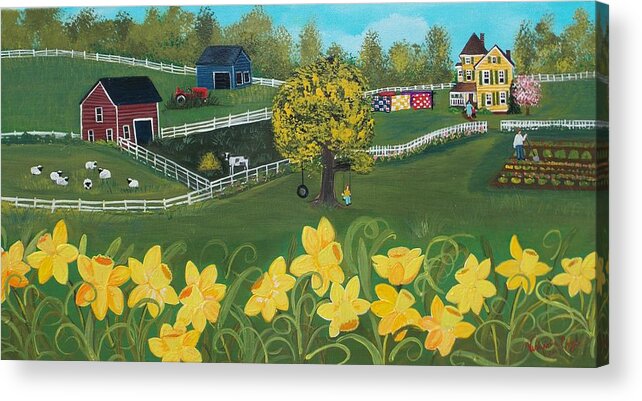 Folk Art Acrylic Print featuring the painting Dancing Daffodils by Virginia Coyle