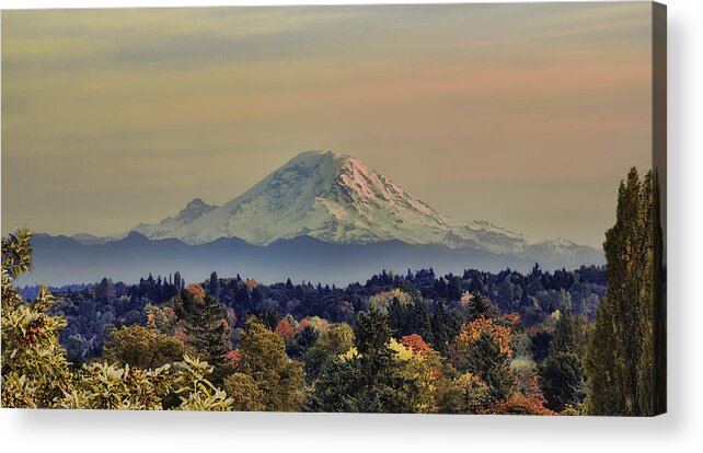 Panoramic Acrylic Print featuring the photograph Mt Rainer Fall Color Rising by James Heckt
