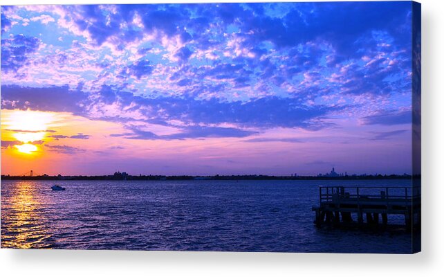 Rockaway Point Acrylic Print featuring the photograph Rockaway Point Dock Sunset Violet Orange by Maureen E Ritter