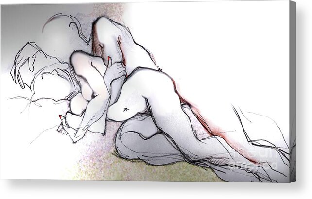 Romantic Acrylic Print featuring the mixed media Spooning - Loving Couple by Carolyn Weltman