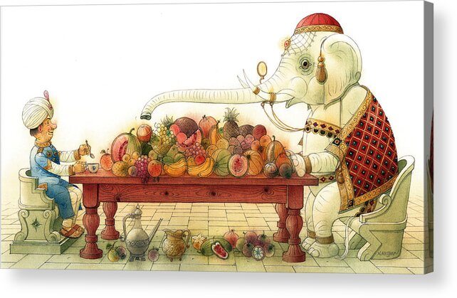 White Elephant King Good Luck Palace Court Breakfast Food Fruit India Happiness Fortune Acrylic Print featuring the painting The White Elephant 03 by Kestutis Kasparavicius