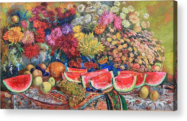 Maya Gusarina Acrylic Print featuring the painting Watermelon Symphony by Maya Gusarina