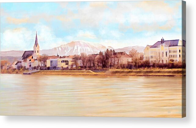 Ybbs Acrylic Print featuring the painting Ybbs an der Donau mit Oetscher by Menega Sabidussi