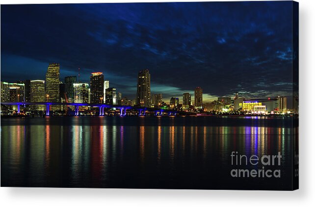 Architecture Acrylic Print featuring the photograph Miami Sunset Skyline #1 by Raul Rodriguez