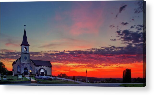 Norwegian Lutheran Church Koshkonong Wisconsin History Historical Oldest Elca Heritage Norway Sunset Cemetery Red Purple Sky Panorama Acrylic Print featuring the photograph St Paul Liberty Lutheran Church in Deerfield WI 1 of 2 #2 by Peter Herman