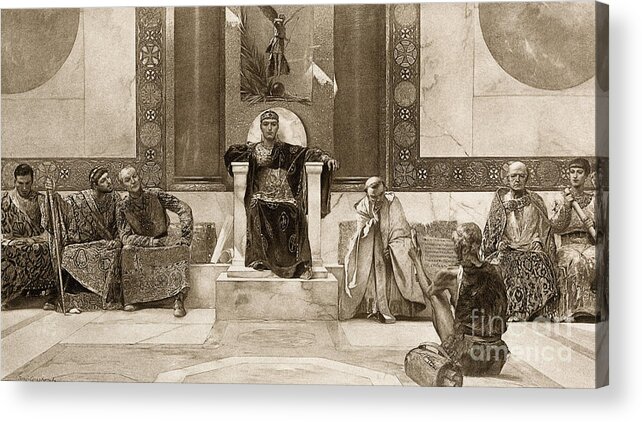 The Acrylic Print featuring the drawing The Byzantine Emperor Justinian I (482-565) During His Council, 6th Century by American School