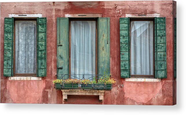 Venice Acrylic Print featuring the photograph Three Windows with Green Shutters of Venice by David Letts