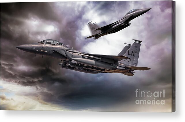 F15 Acrylic Print featuring the digital art Two F-15E Strike Eagle passing in storm clouds by Simon Bratt