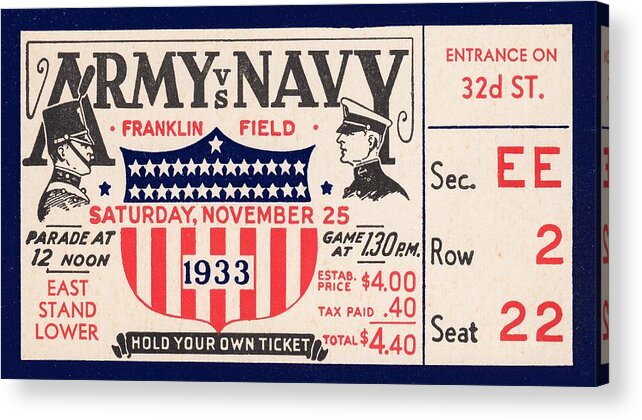 1933 Acrylic Print featuring the mixed media 1933 Army vs. Navy Football Ticket Art by Row One Brand