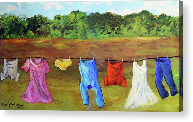 Laundry Acrylic Print featuring the painting A Windy Clothes Line in Oklahoma - An Original by Cheri Wollenberg 2022 by Cheri Wollenberg